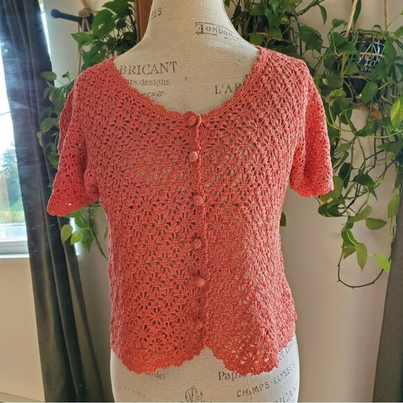 April Cornell Sweaters - APRIL CORNELL | Salmon Pink Short Sleeve Crochet Buttoned Cardigan (Size XS/S)